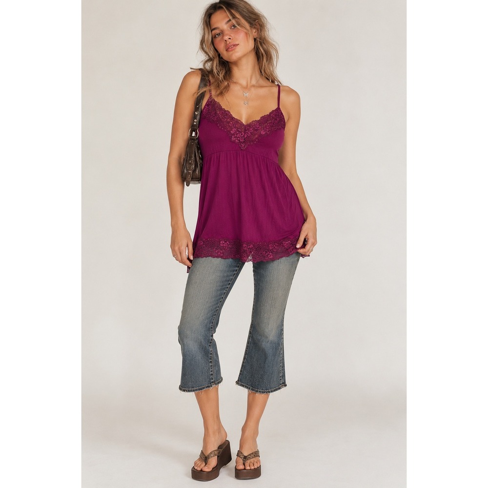 Lane Bryant Camisole 14/16 Purple Lace Trim Empire Waist Y2K Fairy Romantic